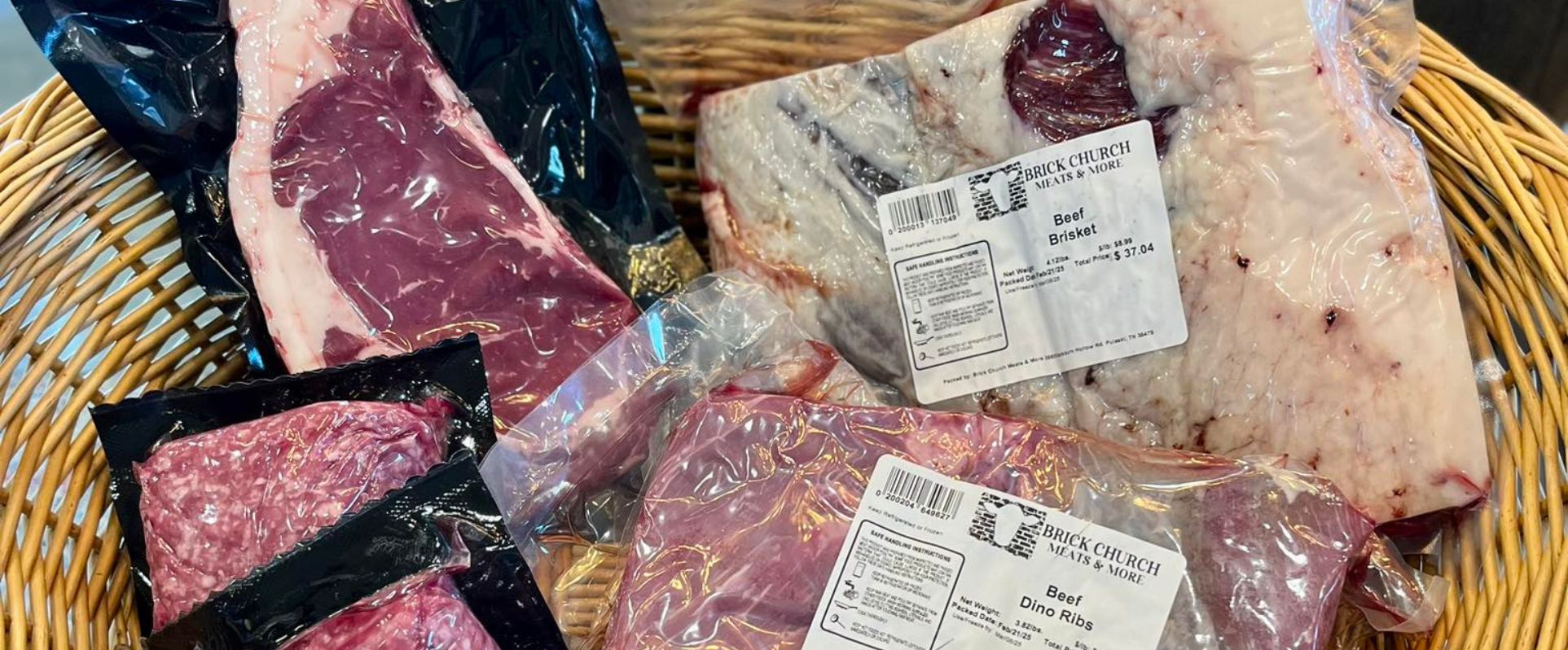 Photo of packaged brisket, ribs and ground beef from the Brick Church store
