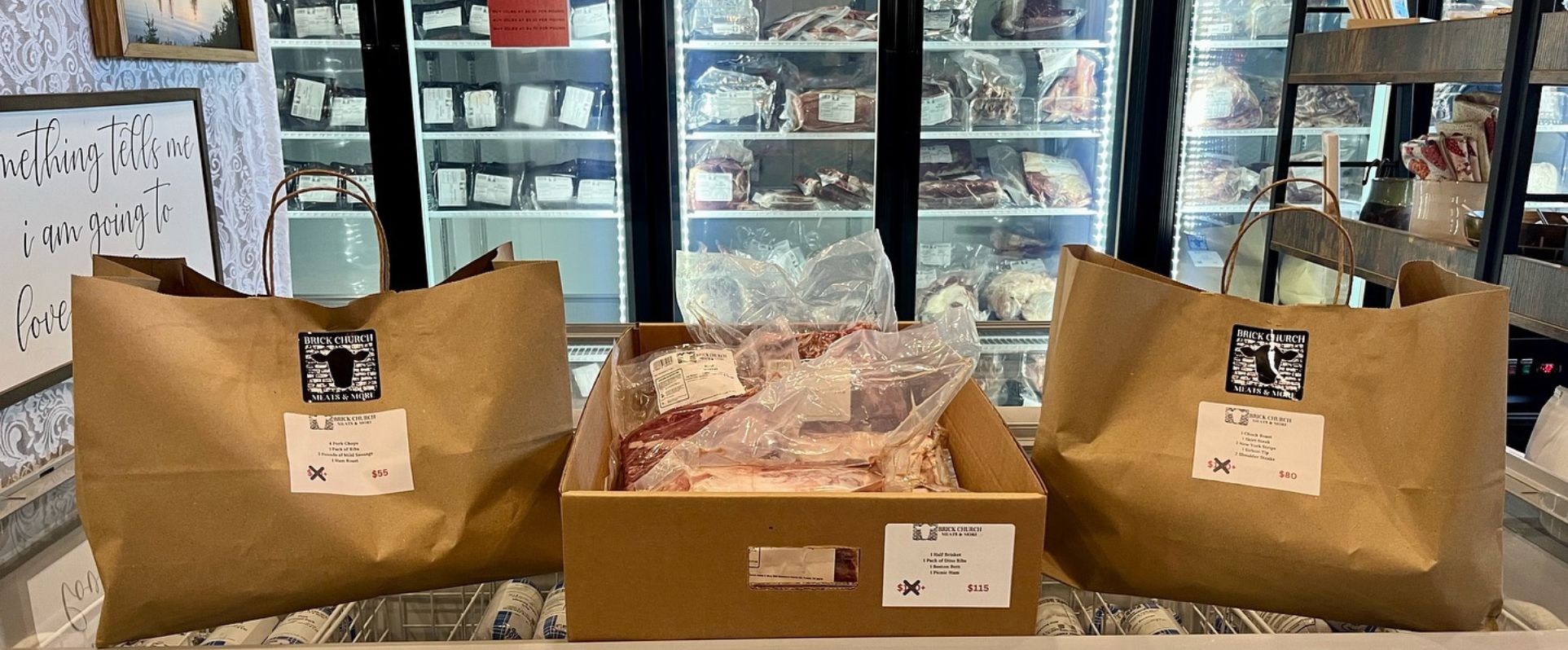 Photo of sacks of meats to go from the Brick Church Meats and More store